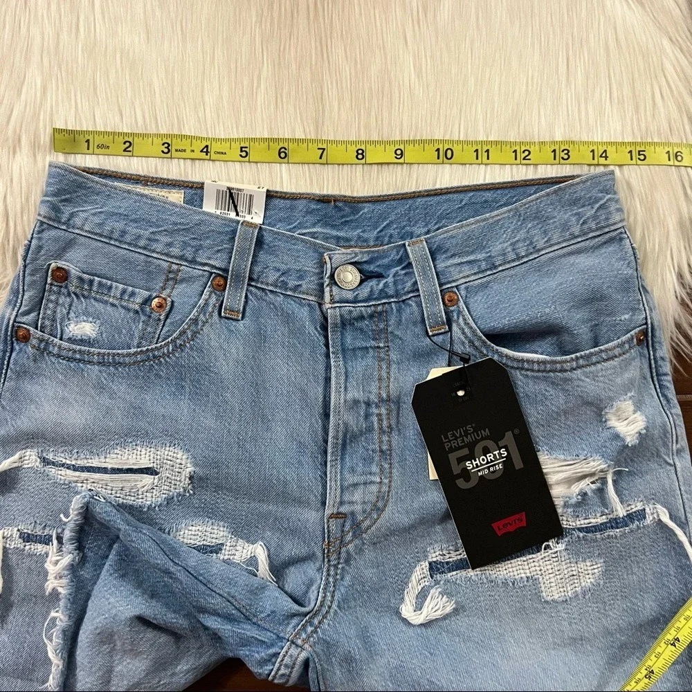Levi's Size 27 Haze Blue Distressed 501 Long Denim Shorts